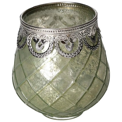 Elegant green glass lantern with intricate silver detailing, crafted by Sylvia Crystals, showcasing luxury and nature-inspired design.
