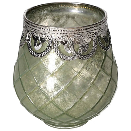 Exquisite green glass lantern with intricate metalwork, by Sylvia Crystals. Perfectly blends luxury with nature-inspired elegance.