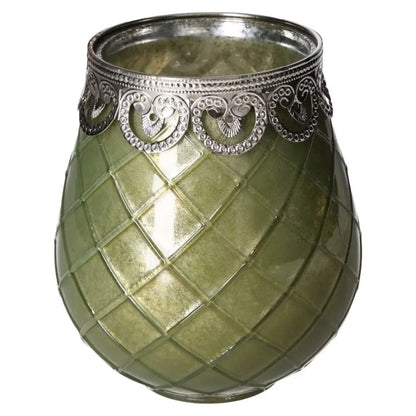 Green Glass Lantern by Sylvia Crystals, featuring intricate silver detailing and a quilted pattern, symbolizing tranquility and elegance.