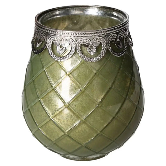 Green Glass Lantern by Sylvia Crystals, featuring intricate silver detailing and a quilted pattern, symbolizing tranquility and elegance.