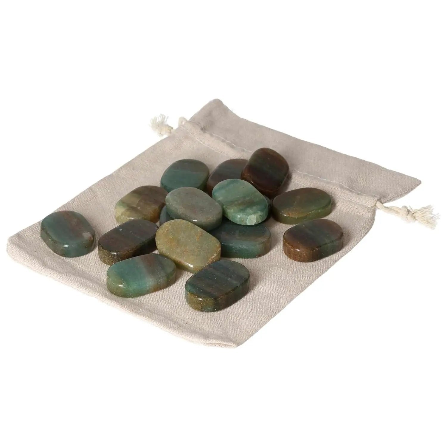 Collection of Green Quartz with Hematite Antistress Thumb Stones on a Cloth Bag for Relaxation and Healing
