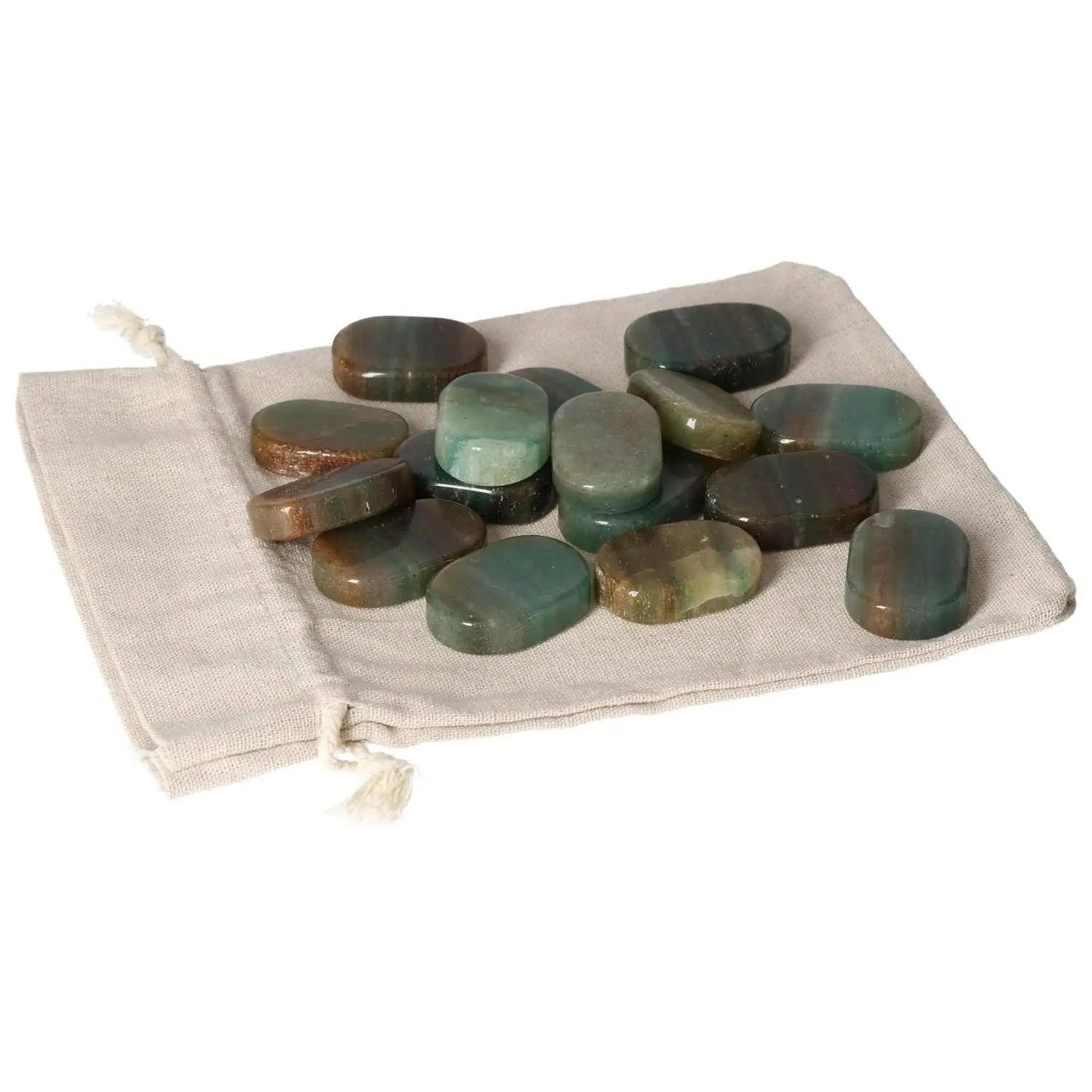 Green Quartz With Hematite Thumb Massagers on a beige pouch, promoting relaxation and stress relief from Sylvia Crystals.