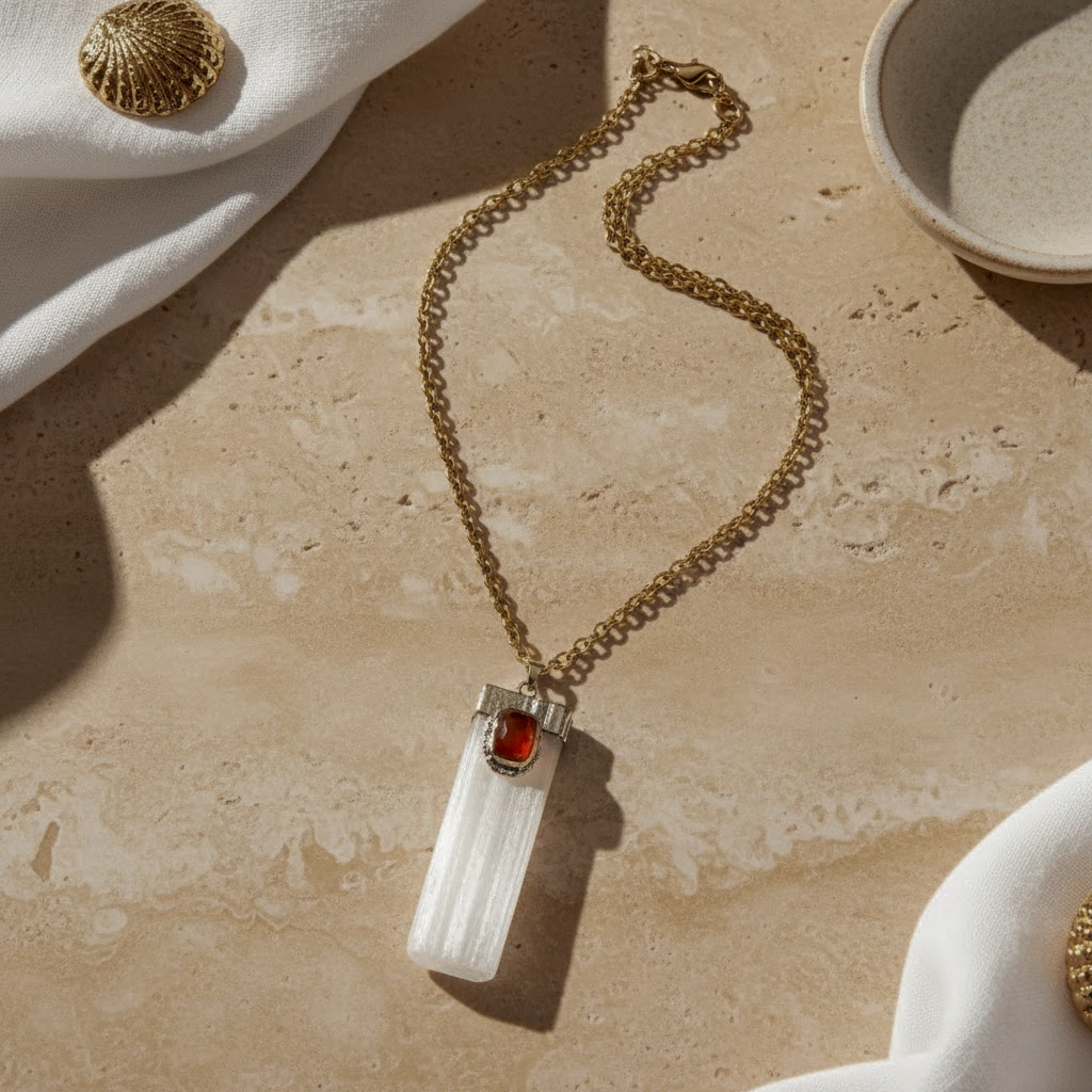 Selenit mit Karneol-Halskette