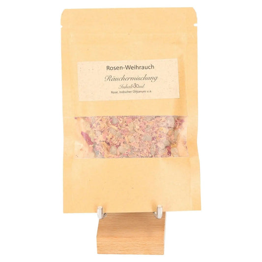 Bag of Rose Incense Blend featuring natural ingredients, perfect for creating a calming and romantic atmosphere.
