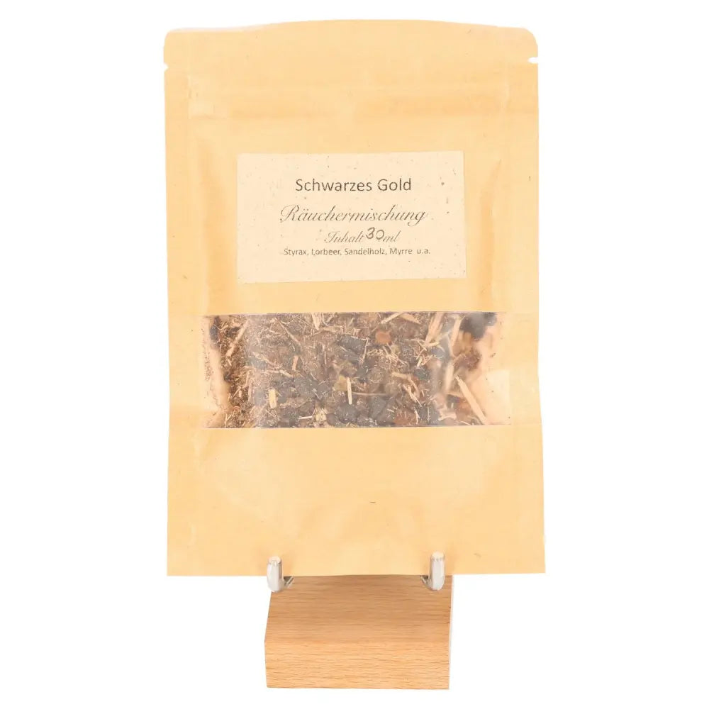 Incense Blend "Black Gold" packaging featuring its relaxing and sensual aroma ingredients like Styrax, Bay leaf, and Sandalwood.