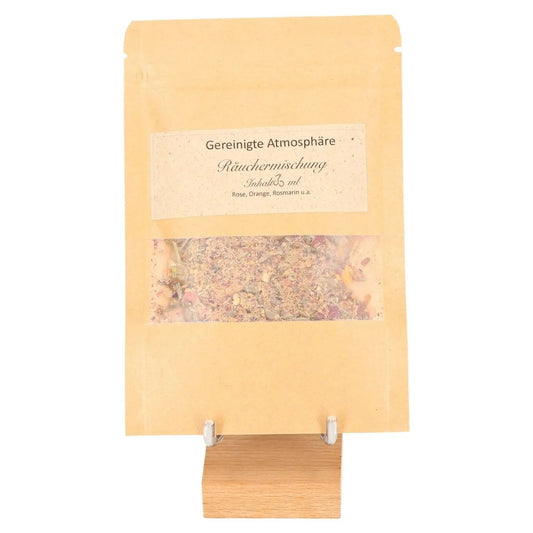 Cleansed Atmosphere incense blend with rosemary, orange, and rose for purified environment, displayed in eco-friendly packaging.