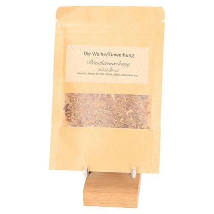 Incense Blend 'Dedication and Inauguration' in eco-friendly packaging on wooden stand