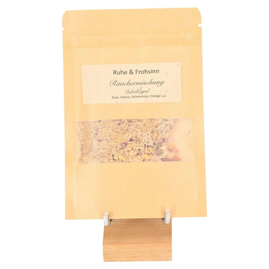 Incense blend 'Joy and Serenity' package featuring vetiver, rose, oak moss, orange, sandalwood, and frankincense for relaxation.