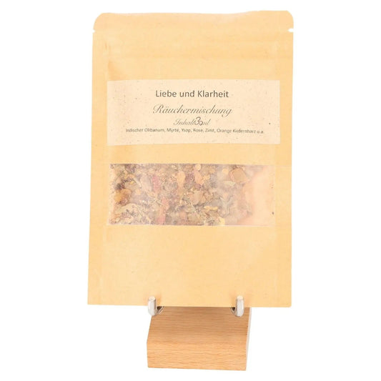 Love and Clarity Incense Blend packaging featuring Myrtle for emotional healing and cleansing in a natural paper bag.
