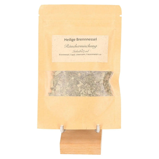 Incense Blend "Sacred Nettle" in a standing Kraft paper bag, revered for cleansing and protective properties.