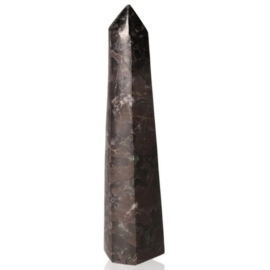 Indigo Gabbro Tower crystal with swirling black and indigo patterns, known as Mystic Merlinite for enhancing intuition and transformation.