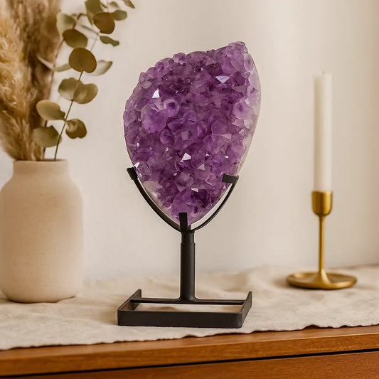 Large Polished Amethyst Druze on Metal Stand Sylvia Crystals Sp. z o.o.