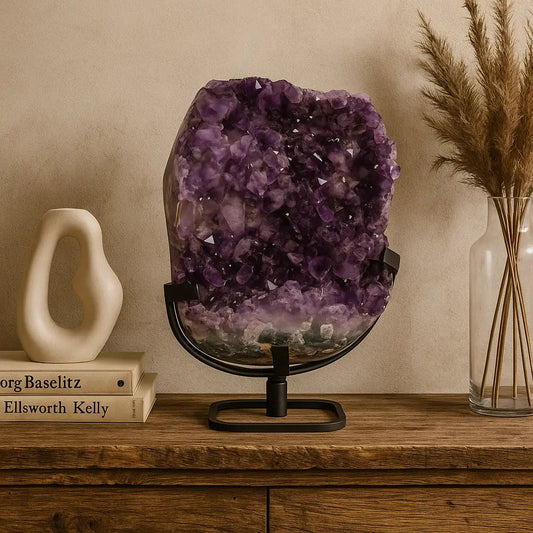 Large Polished Amethyst Druze on Metal Stand Sylvia Crystals Sp. z o.o.