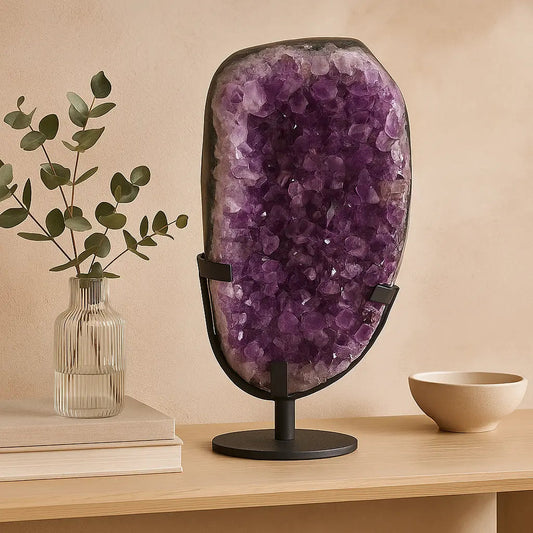 Large Polished Amethyst Druze on Metal Stand Sylvia Crystals Sp. z o.o.