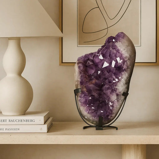 Large Polished Amethyst Druze on Metal Stand Sylvia Crystals Sp. z o.o.