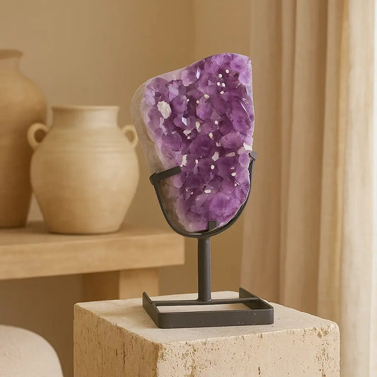 Large Polished Amethyst Druze on Metal Stand Sylvia Crystals Sp. z o.o.