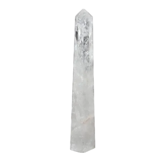 Clear Lemurian Quartz Obelisk showcasing its crystal clarity and spiritual significance on a dark background