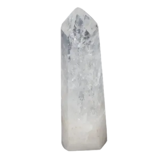 Lemurian Quartz Obelisk with healing properties, supporting chakras and zodiac signs, on a dark background.