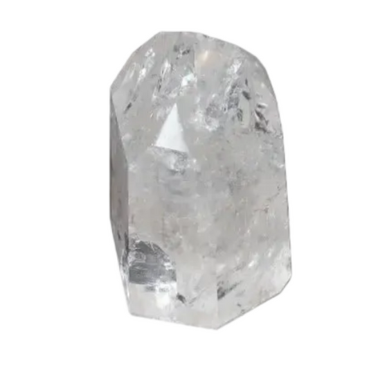 Lemurian Quartz Obelisk on black background, reflecting light, known for its spiritual properties and chakra alignment benefits.
