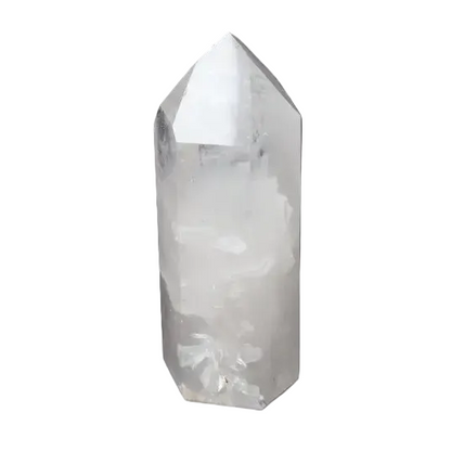 Clear Lemurian Quartz obelisk on black background, known as a "Master Healer" for energy amplification, clarity, and personal growth.