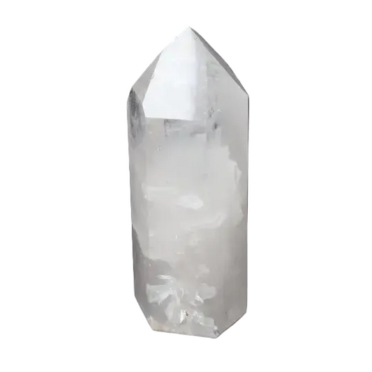 Clear Lemurian Quartz obelisk on black background, known as a "Master Healer" for energy amplification, clarity, and personal growth.