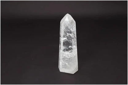 Lemurian Quartz Obelisk Master Healer crystal for clarity and balance on a dark background; ethically sourced and naturally formed.