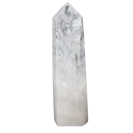 Lemurian Quartz Obelisk crystal on black background, known as the "Master Healer," amplifying energy and promoting balance.