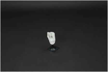 Lemurian Quartz Crystal on sleek metal stand against a dark background, showcasing its natural clarity and elegance.