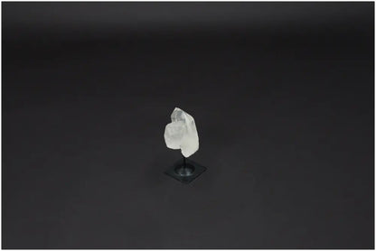 Lemurian Quartz crystal on metal stand against dark background, ideal for purification and neutralizing negative vibrations.