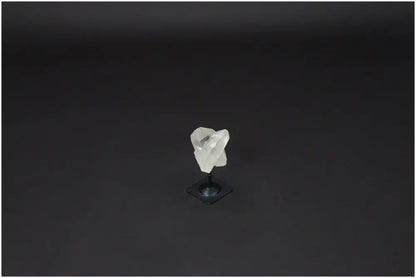 Lemurian Quartz on a metal stand against a dark background, highlighting its clear, purifying properties.
