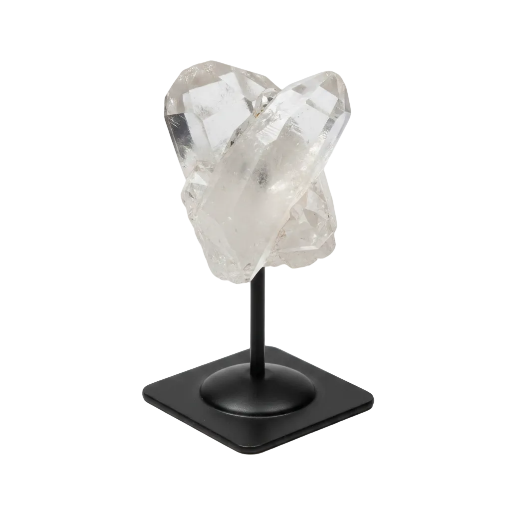 Lemurian Quartz on a metal stand against a dark background, highlighting its clear, purifying properties.