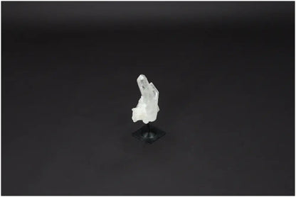 Lemurian Quartz crystal on metal stand against dark background, known for purifying energy and neutralizing negative vibrations.