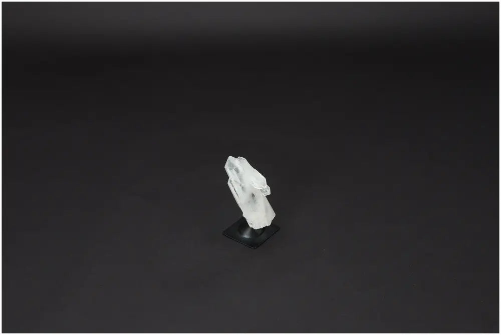 Lemurian Quartz on metal stand against dark background; a powerful purification stone that neutralizes negative vibrations.
