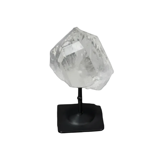 Lemurian Quartz stone on a metal stand against a black background, showcasing its clear, purifying properties.