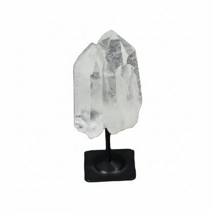 Lemurian Quartz on black metal stand for purification, absorbing negative energy, and cleansing spaces from harmful radiation.