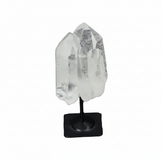Lemurian Quartz on black metal stand for purification, absorbing negative energy, and cleansing spaces from harmful radiation.