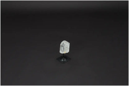 Lemurian Quartz Crystal on sleek metal stand, known for its purification and energy harmonizing properties, displayed against black background.