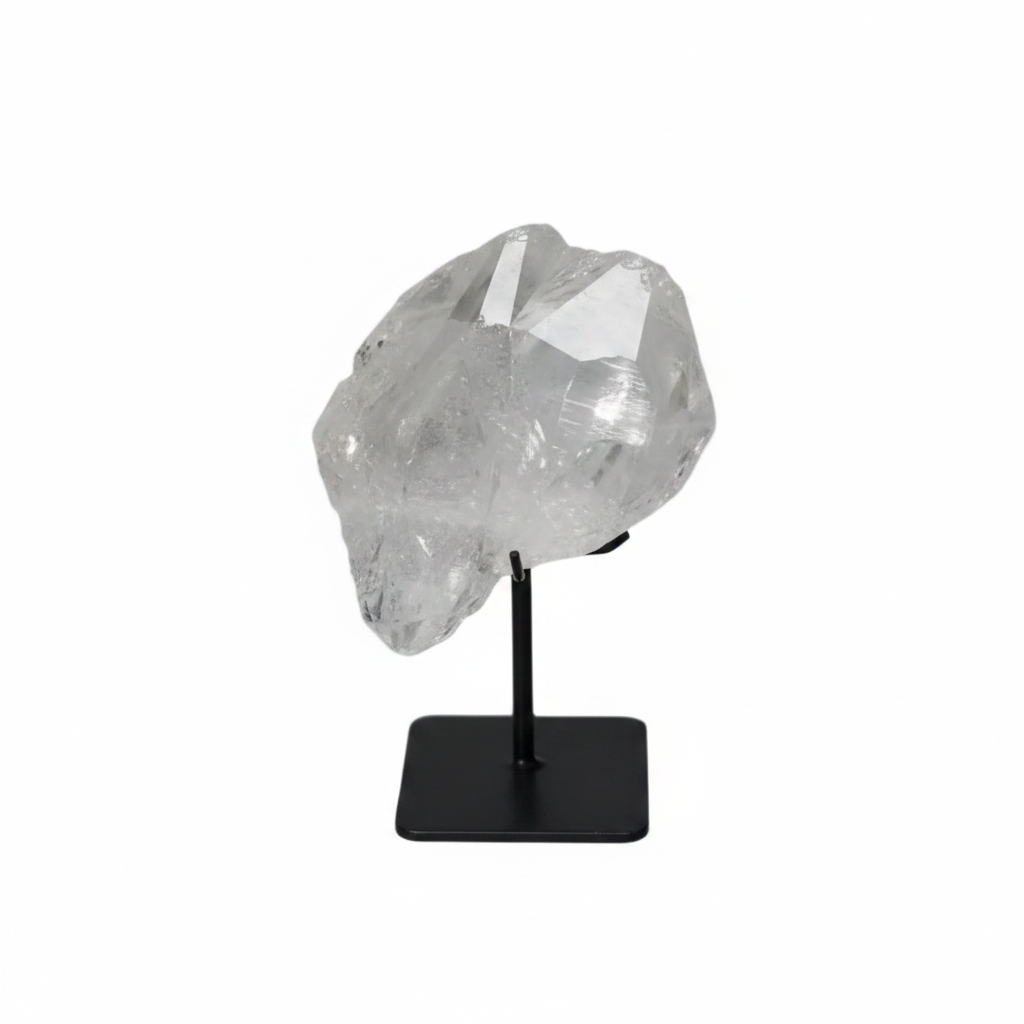 Lemurian Quartz on metal stand, known for purification, harmonizing energy, and neutralizing negative vibrations and electromagnetic radiation.