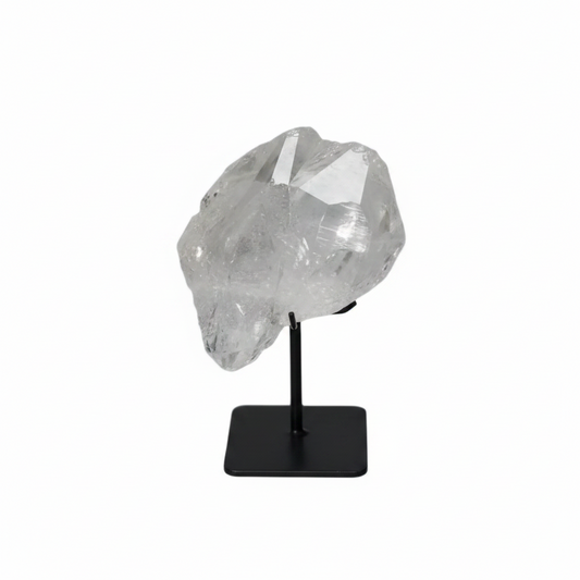 Lemurian Quartz on metal stand, known for purification, harmonizing energy, and neutralizing negative vibrations and electromagnetic radiation.