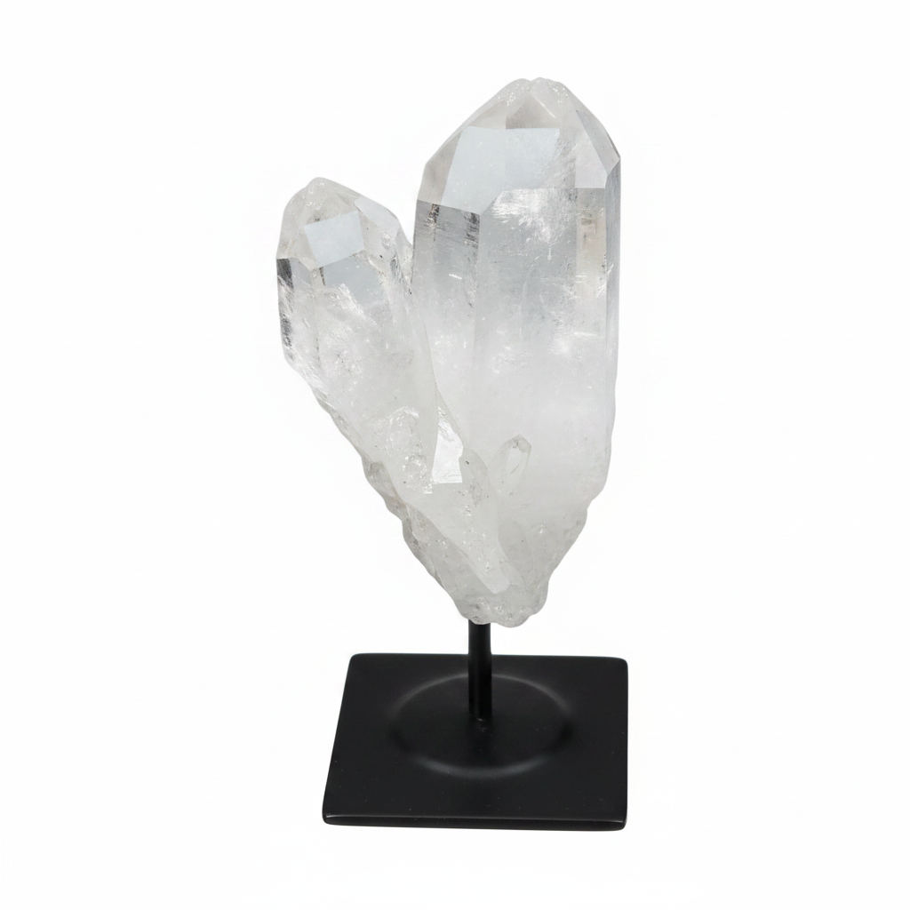 Lemurian Quartz on metal stand, a clear quartz crystal known for purification, absorbs negative vibes, ideal for home and office.