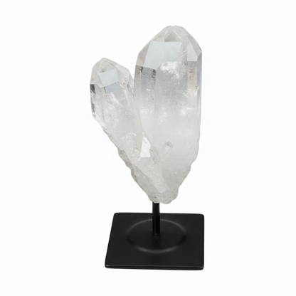 Lemurian Quartz on metal stand, a clear quartz crystal known for purification, absorbs negative vibes, ideal for home and office.