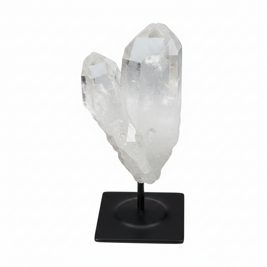 Lemurian Quartz on metal stand, a clear quartz crystal known for purification, absorbs negative vibes, ideal for home and office.