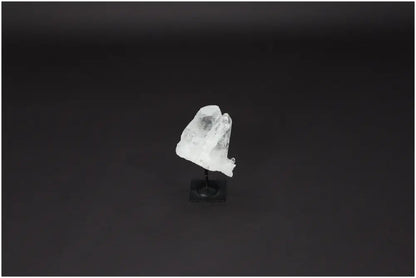 Lemurian Quartz on black metal stand, known for purification and harmonizing energies, displayed against a dark background.