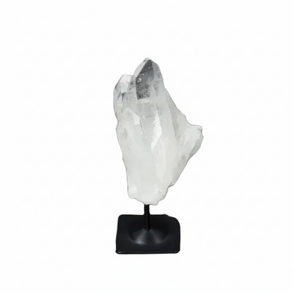 Lemurian Quartz crystal on a sleek metal stand against a dark background, showcasing its clear, purifying properties.