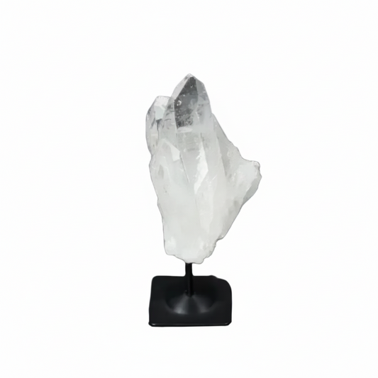 Lemurian Quartz crystal on a sleek metal stand against a dark background, showcasing its clear, purifying properties.