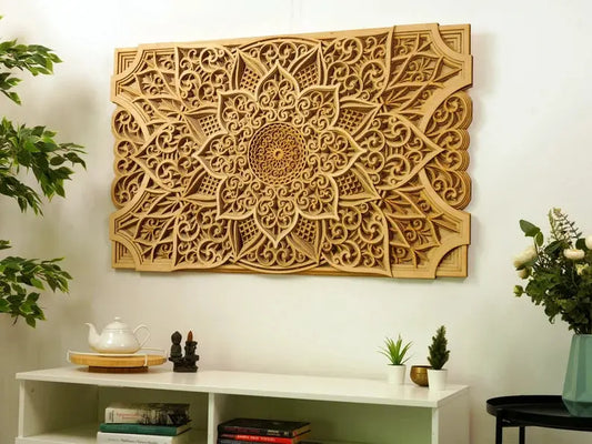 Wooden mandala wall art with intricate 3D design, enhancing room ambiance with tranquility and elegance. Perfect for bohemian decor.