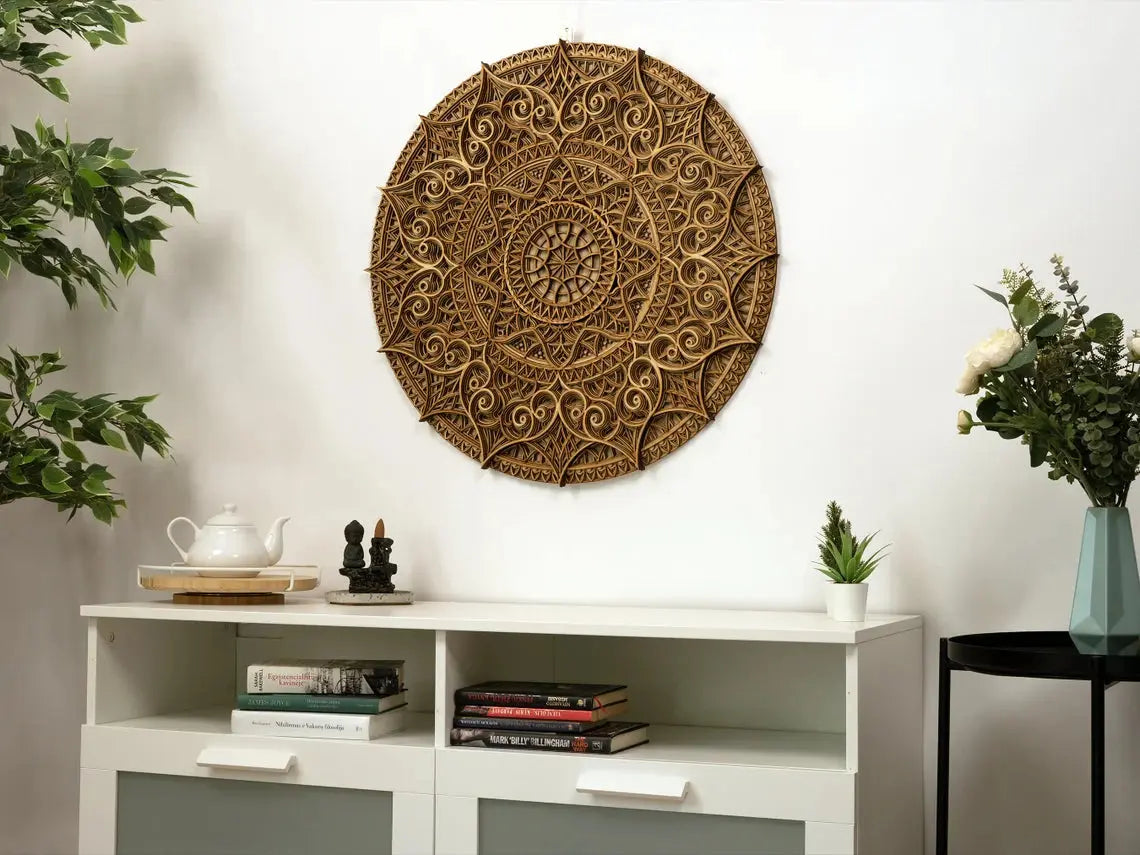 Wooden mandala art wall decor with intricate 3D laser-cut design, enhancing tranquility and positive energy, displayed on a white wall.
