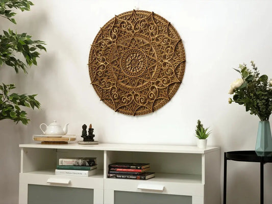 Wooden mandala art wall decor with intricate 3D laser-cut design, enhancing tranquility and positive energy, displayed on a white wall.