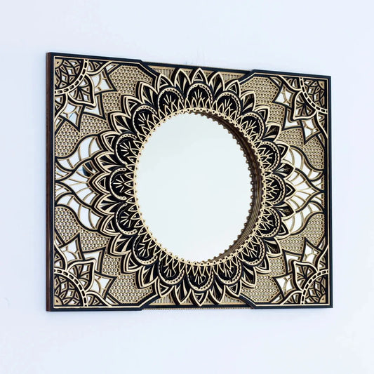 3D wooden mandala art wall decor with mirror, 121x90 cm, laser-cut design, blends modern and ancient symbols, enhances tranquility.