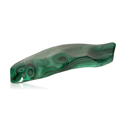 Polished malachite gemstone with vibrant green hues and unique natural patterns, known for its transformative and energizing properties.
